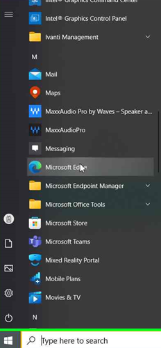 Windows start menu with Microsoft Edge highlighted