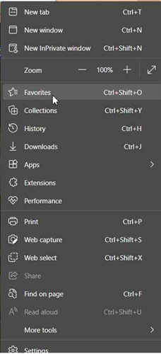 Microsoft Edge menu bar with favorites selection highlighted. Hot key Control + Shift + O