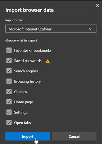 Import browser data menu with drop down selection for Microsoft Internet Explorer